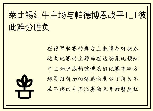 莱比锡红牛主场与帕德博恩战平1_1彼此难分胜负