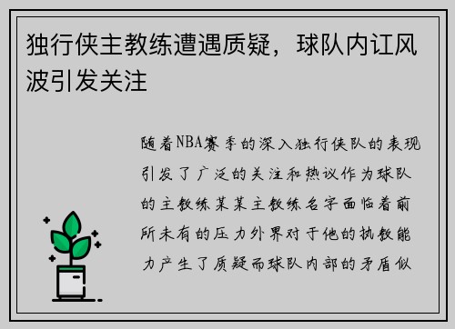 独行侠主教练遭遇质疑，球队内讧风波引发关注