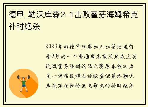 德甲_勒沃库森2-1击败霍芬海姆希克补时绝杀