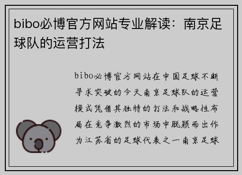 bibo必博官方网站专业解读：南京足球队的运营打法