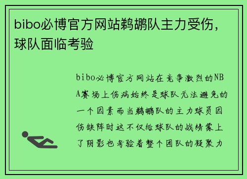 bibo必博官方网站鹈鹕队主力受伤，球队面临考验