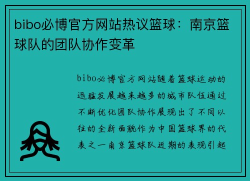 bibo必博官方网站热议篮球：南京篮球队的团队协作变革